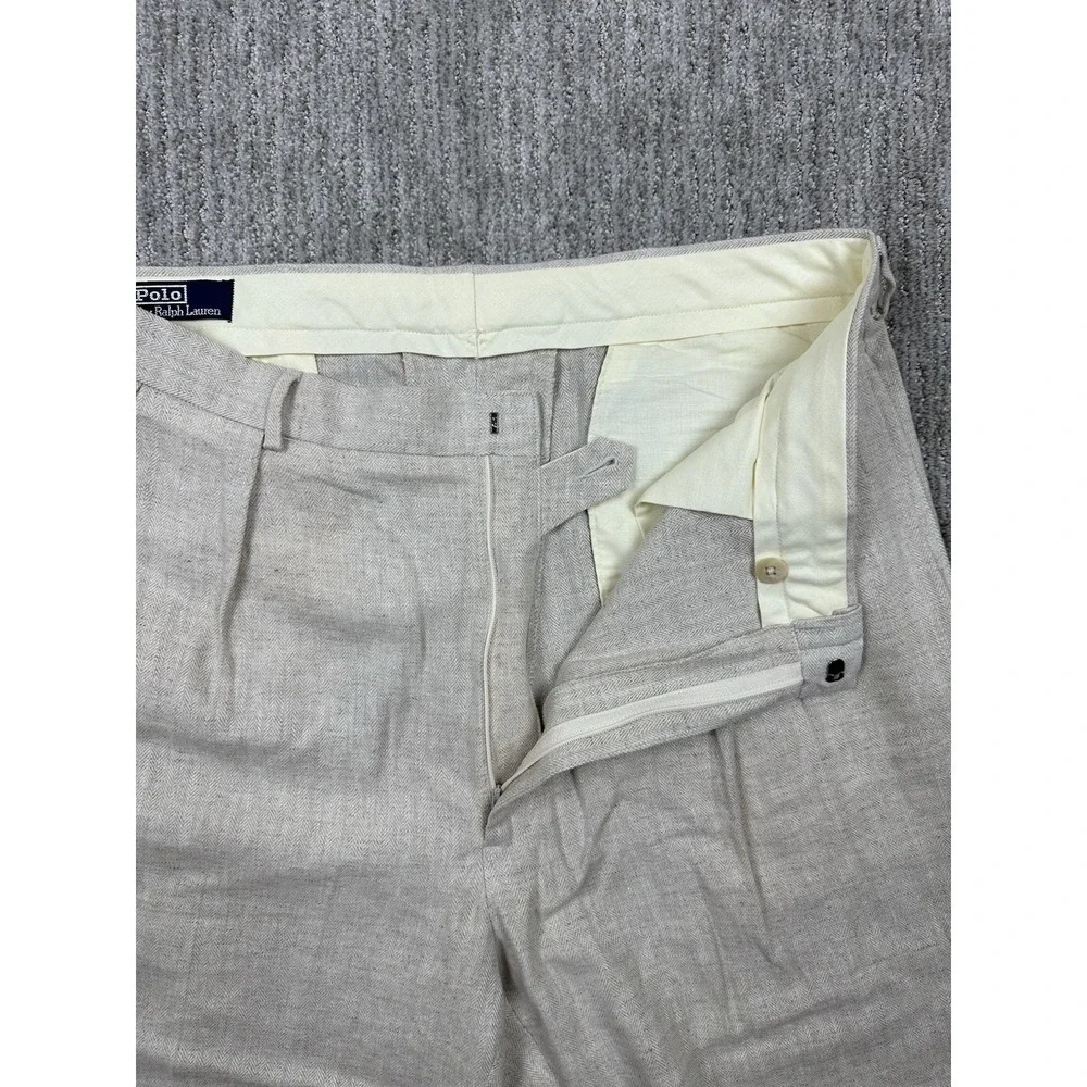 Vintage Polo Ralph Lauren Pants Men 38x34 (Fit 38x29) Beige Linen Double Pleated